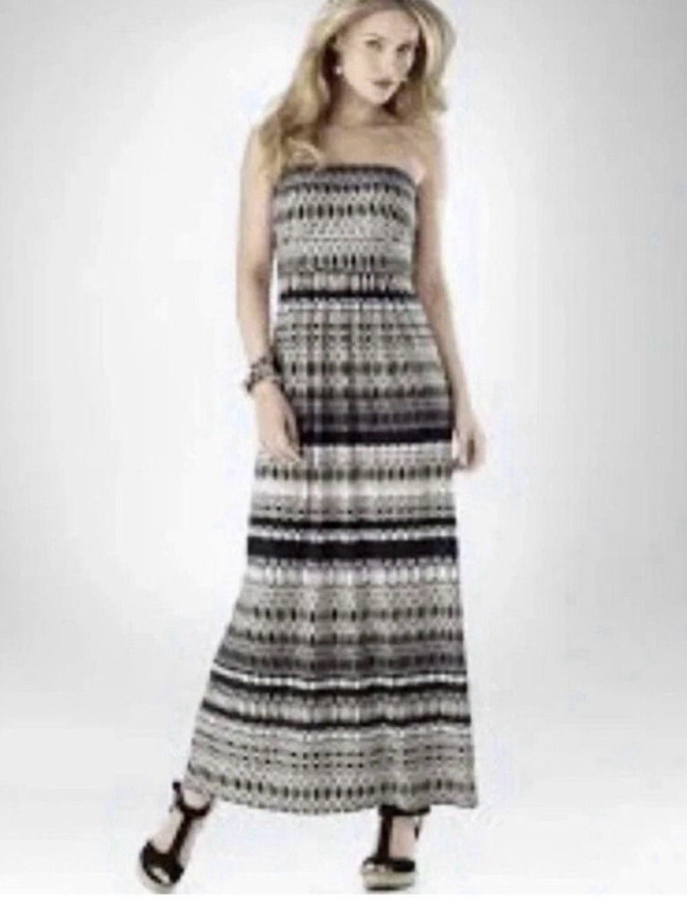 Soma Intimates Abstract Maxi Stretch Dress Small Black Tan Built In Bra Beach